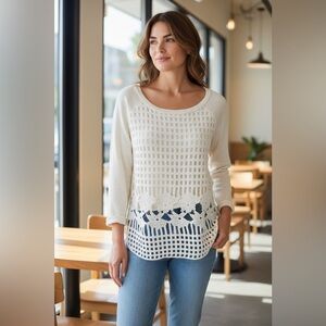Anthropologie Postmark Womens size Medium Crochet Knit Blouse Top Beige
